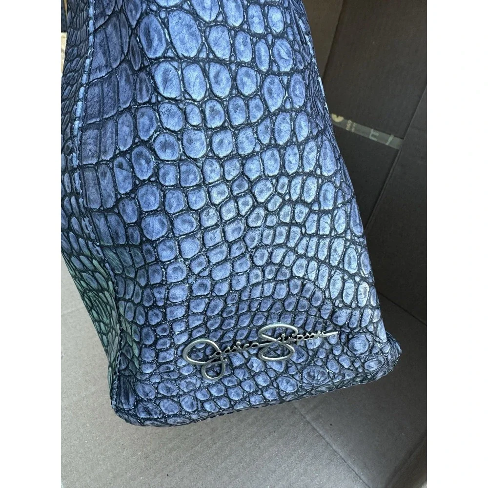 Jessica Simpson Blue Croc Embossed Tote Bag Faux Leather Shoulder Bag W/wristlet